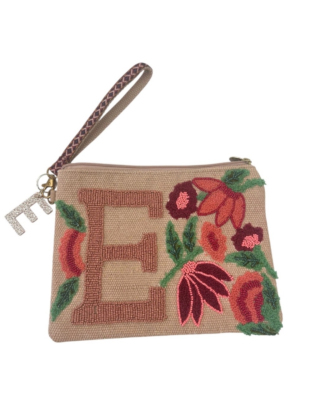 America & Beyond Floral Beaded Initial Wristlet 'E' Clutch Boho Artisan Monogram